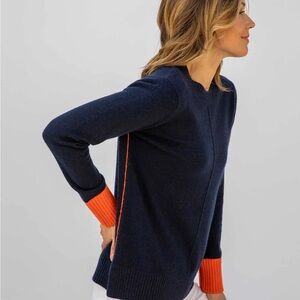 Pura Cashmere Navy Crewneck Sweater with Orange Cuff Detail